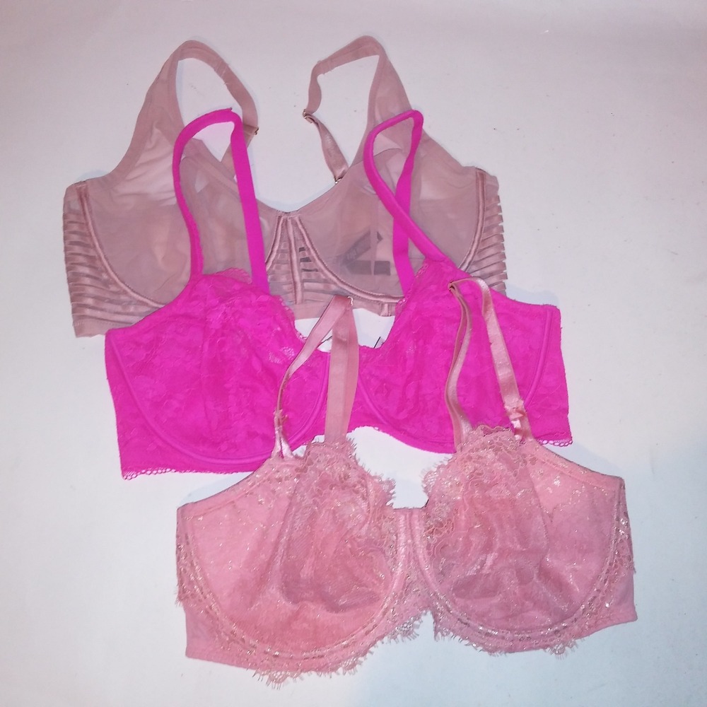 Set of 3 Victoria Secret Bra 38DD Pink Sheer Lace Unlined Underwire